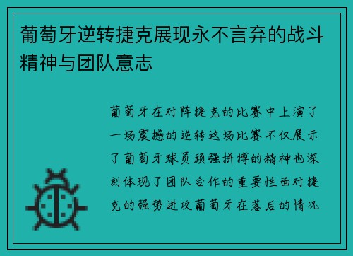 葡萄牙逆转捷克展现永不言弃的战斗精神与团队意志