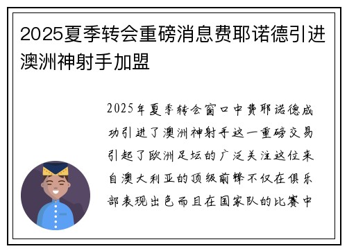 2025夏季转会重磅消息费耶诺德引进澳洲神射手加盟